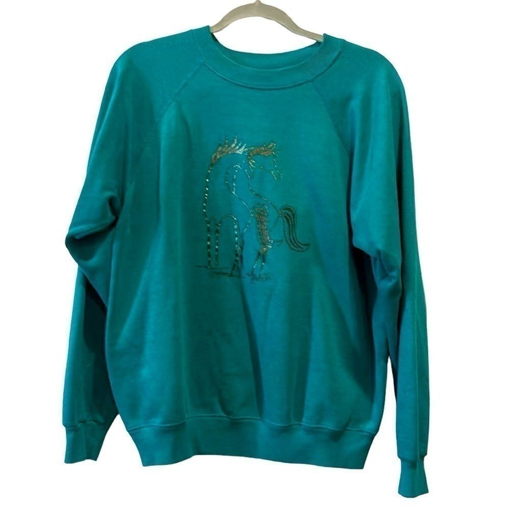 Vintage 1980S METALLIC HORSE Couple SWEATSHIRT Turquoise Hanes Large‌ - Picture 1 of 10
